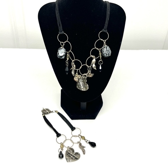 Handmade Girly Leather Necklace & Bracelet Set with 925 Silver Heart/Shoe Charms - Picture 2 of 3